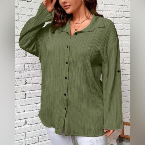 SHEIN Essence Plus army green long roll tab button up textured tunic NEW size 3X - Picture 2 of 14